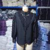 Women's Scalloped Stand Collar Hollow Floral Lace Patch Long Puff Sleeve Button Down Blouse