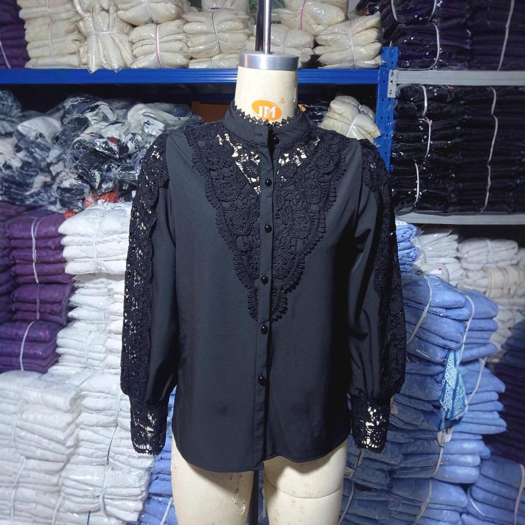 Women's Scalloped Stand Collar Hollow Floral Lace Patch Long Puff Sleeve Button Down Blouse