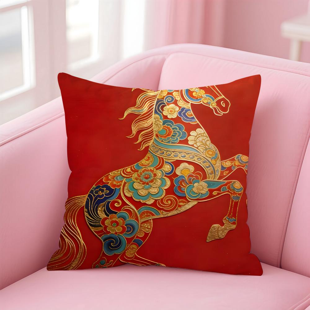 Lucky Chinese New Year red horse art  Cushion Cover Pillowcase Short Plush Invisible zipper Room Sofa Cushion Cover