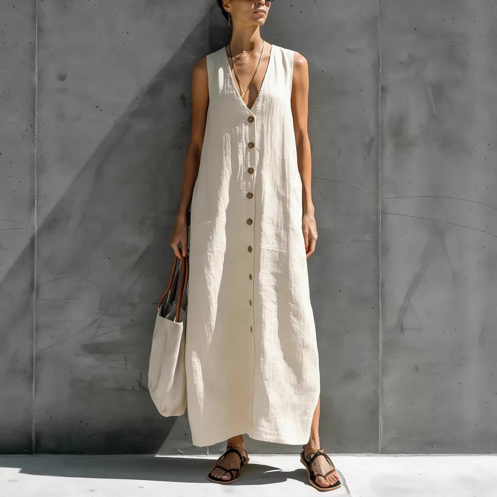 2026 European and American women's clothing summer loose cotton and linen V-neck button sleeveless long dress