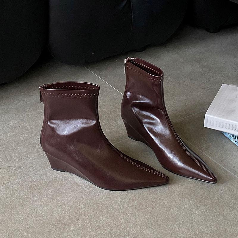 Fashion Pointed Toe Modern Ladies Ankle Boots With Wedges Shoes Fashion Elastic Women Short Stretch Boots Female Zippers Shoes