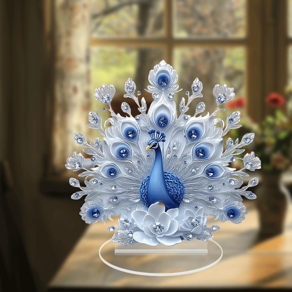 Animal Series White and Blue Peacock Open Screen Desktop Ornament Home Living Room Study Ornament