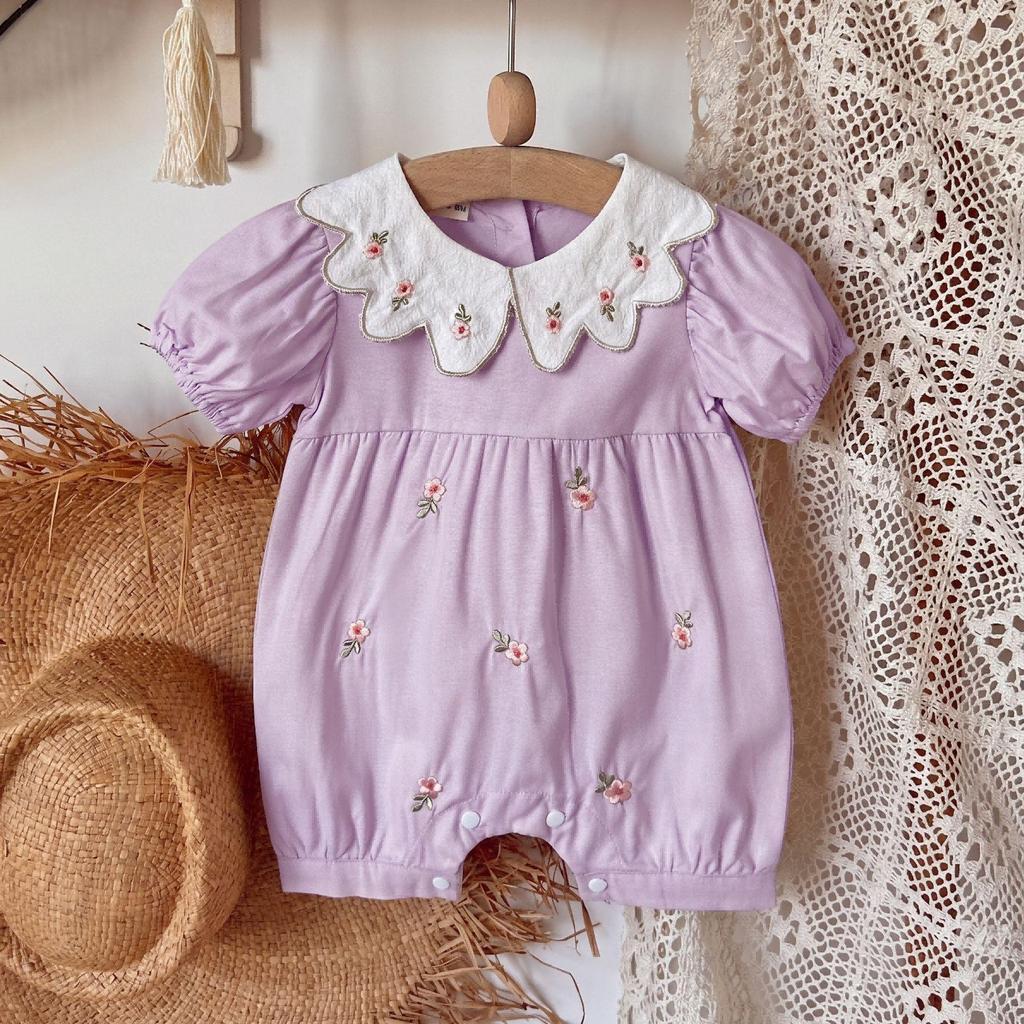 Floral Print Khaki Newborn Romper with Doll Collar - Summer Outdoor Jumpsuit