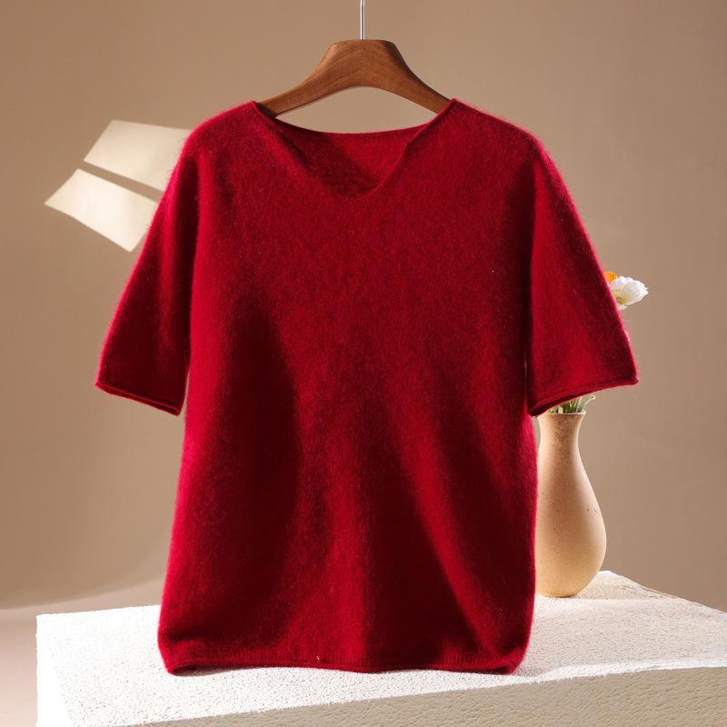2026 A/W Women's V-Neck Cashmere Wool Knit Short Sleeve Sweater