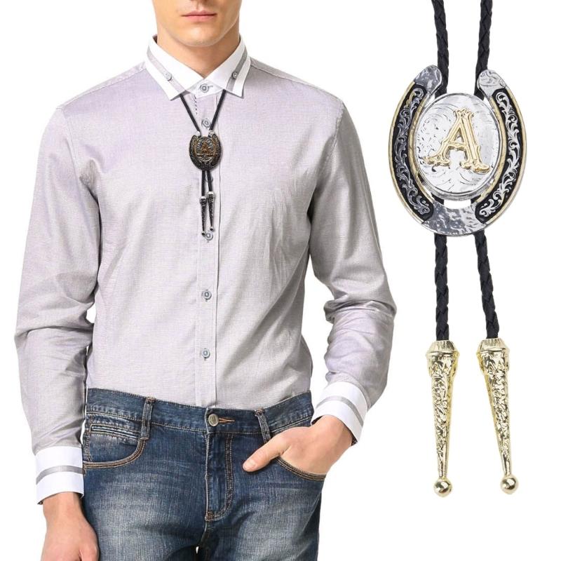 Unisex Adjustable Faux Leather Rope Bolo Tie with Metal Initial Letter Pendant Western Necklace Vintage Necktie Neckwear