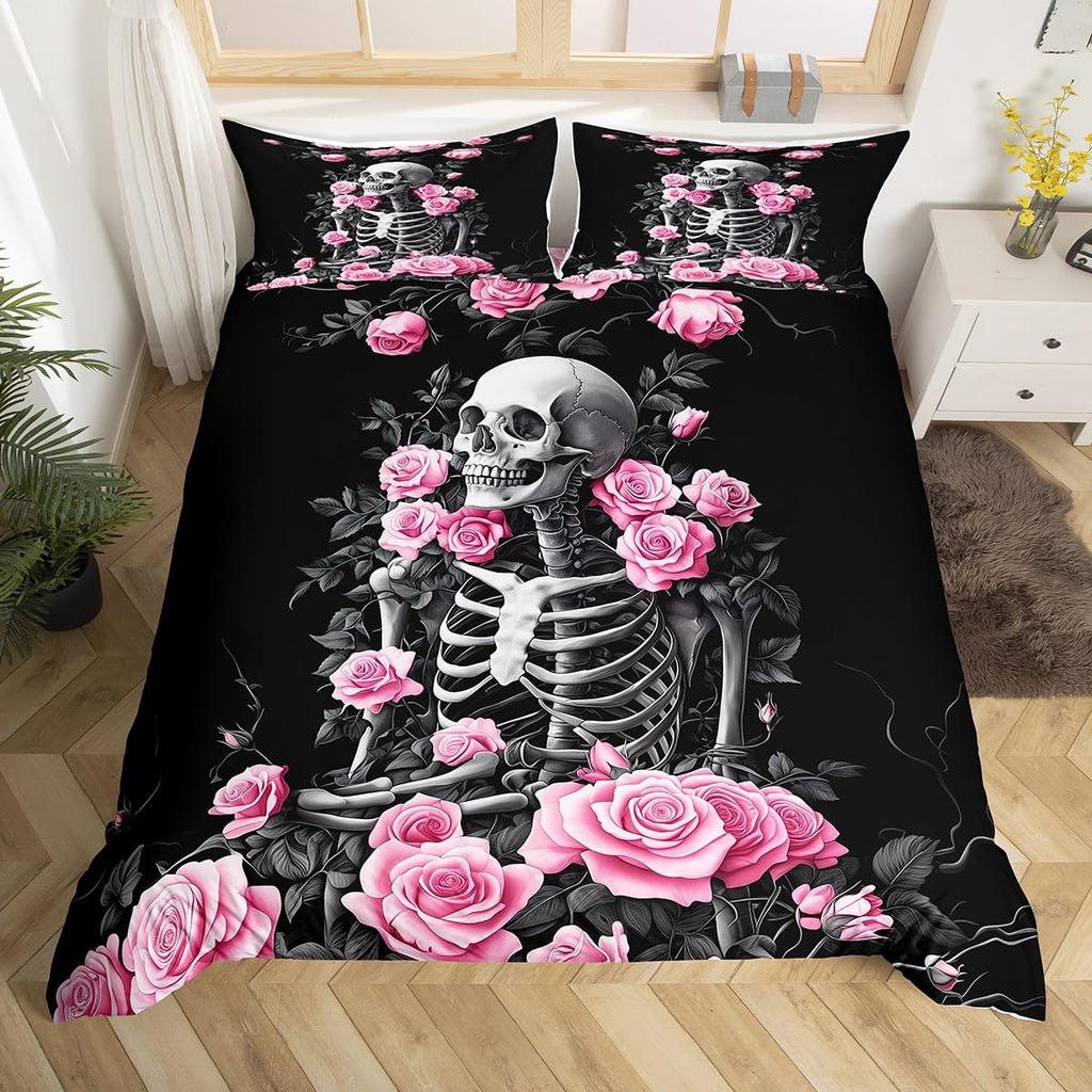 Sugar Skull Duvet Cover Scary Skeleton Comforter Cover Queen Twin Size For Adults Teen Halloween Decor Gothic Skull Bedding Set