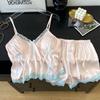 Yase Pink Peony French Satin Silk Camisole and Shorts with Bow Tie Straps and Chest Pads