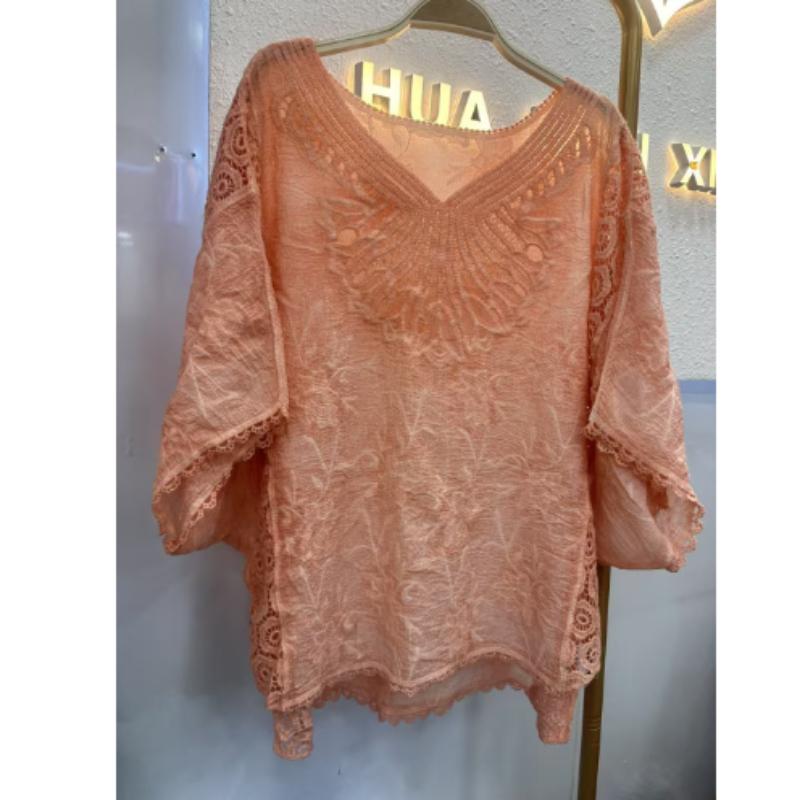 Top da Donna Stile Vacanza Cotone Stile Straniero Lavorazione a Maglia Intrecciata Ricamo in Pizzo Scollo a V Ampio e Morbido Camicetta Parasole