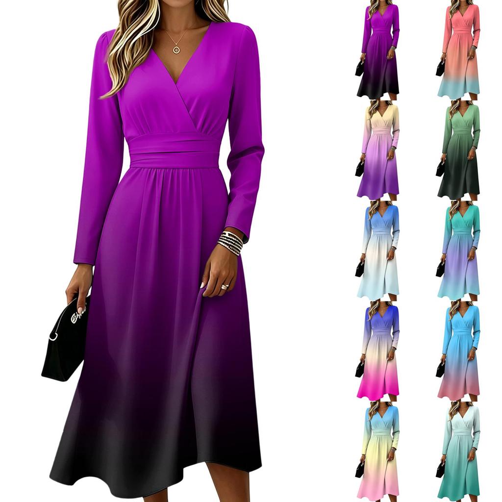 Women's Gradient Print Long Sleeve V-Neck Dress with Pockets Casual Fashionable