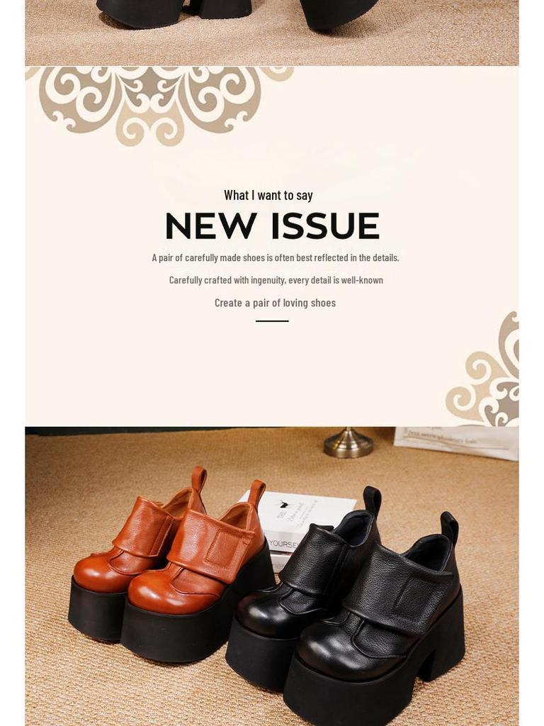 Women's Genuine Leather Platform Shoes 2025: Autumn/Winter Pure Cowhide Petite Height-Increasing Hook & Loop Single Shoes