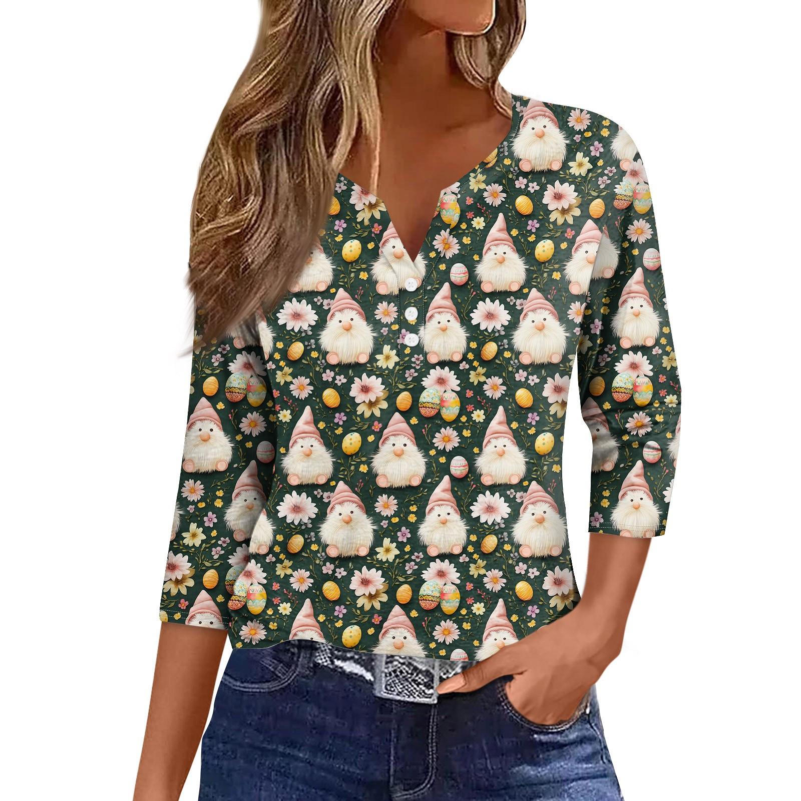 Women s Loose Casual  Print Seven Quarter Sleeved V-Neck Top Seven Quarter Sleeved V-Neck Top L