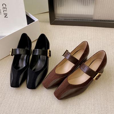 Spring New Retro Square Head One-word Buckle with Thick Heel Mary Jane Shoes Fashionable Versatile Light Mouth Single Shoes Women