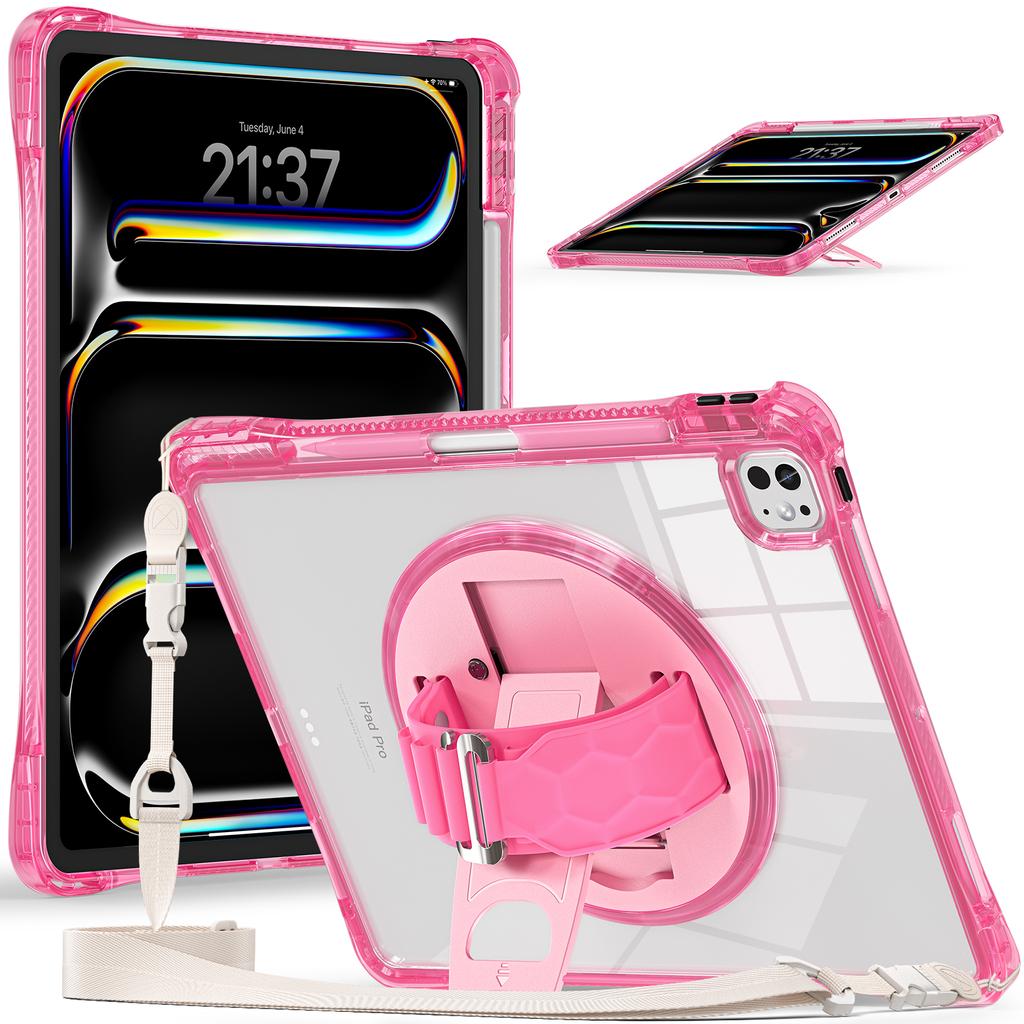 For iPad Pro 13 (2024) Kickstand Case Hand Strap PC+TPU+Acrylic Cover with Shoulder Strap