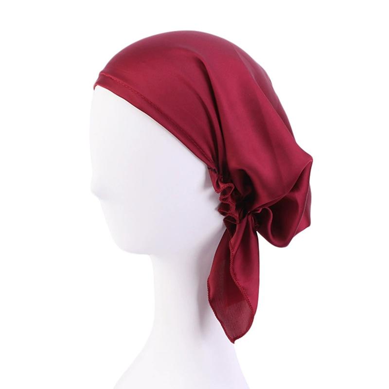 1Pc Women's Comfortable Headscarf Turban Head Cover Solid Color Hair Care Bonnet Hat Night Sleep Cap Imitated Silk