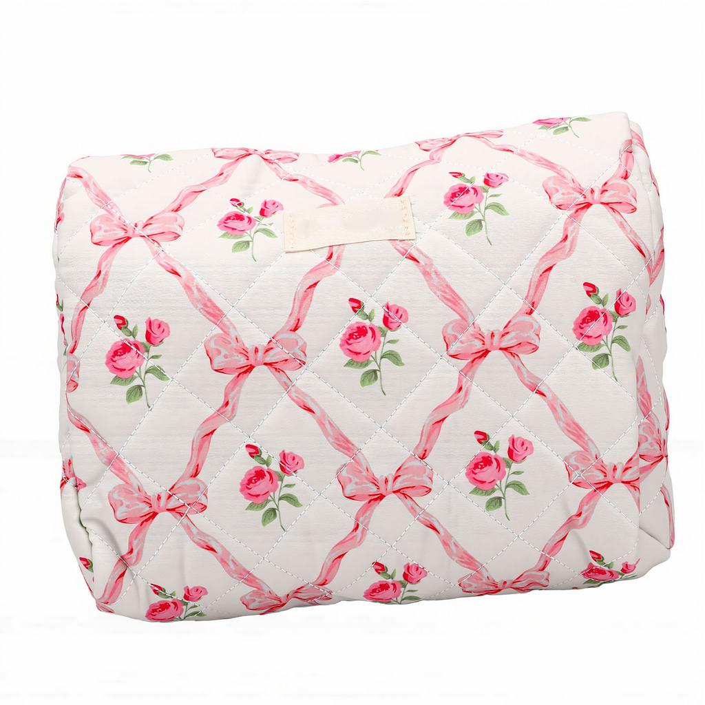 Cosmetic Bag Floral Bow Print Pattern Machine Washable 3.2L Quilted Cotton Makeup Bag for Travel Toiletries