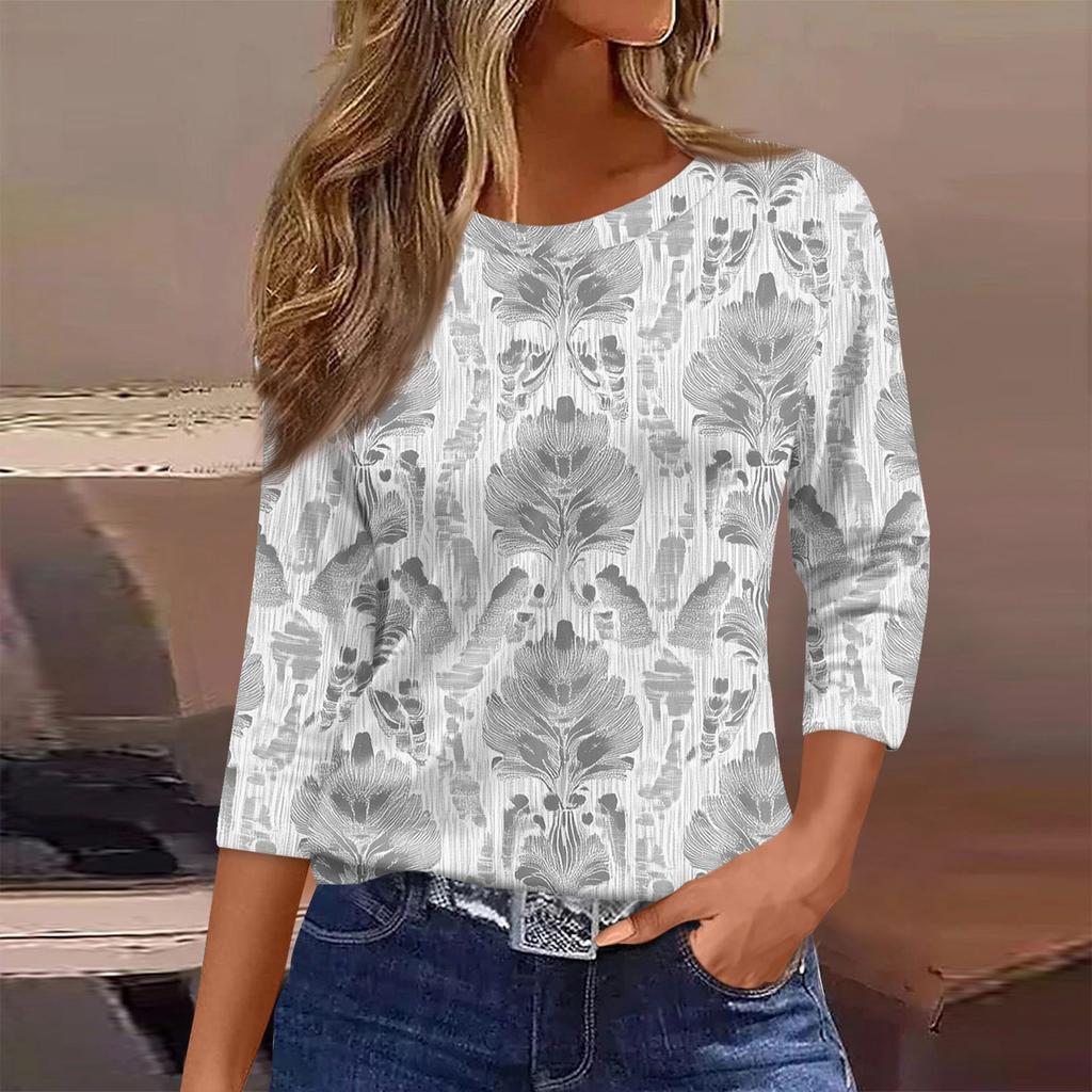 Women's Fashion Casual Round Neck 3/4 Sleeve Loose  Printed T-Shirt Ladies Top