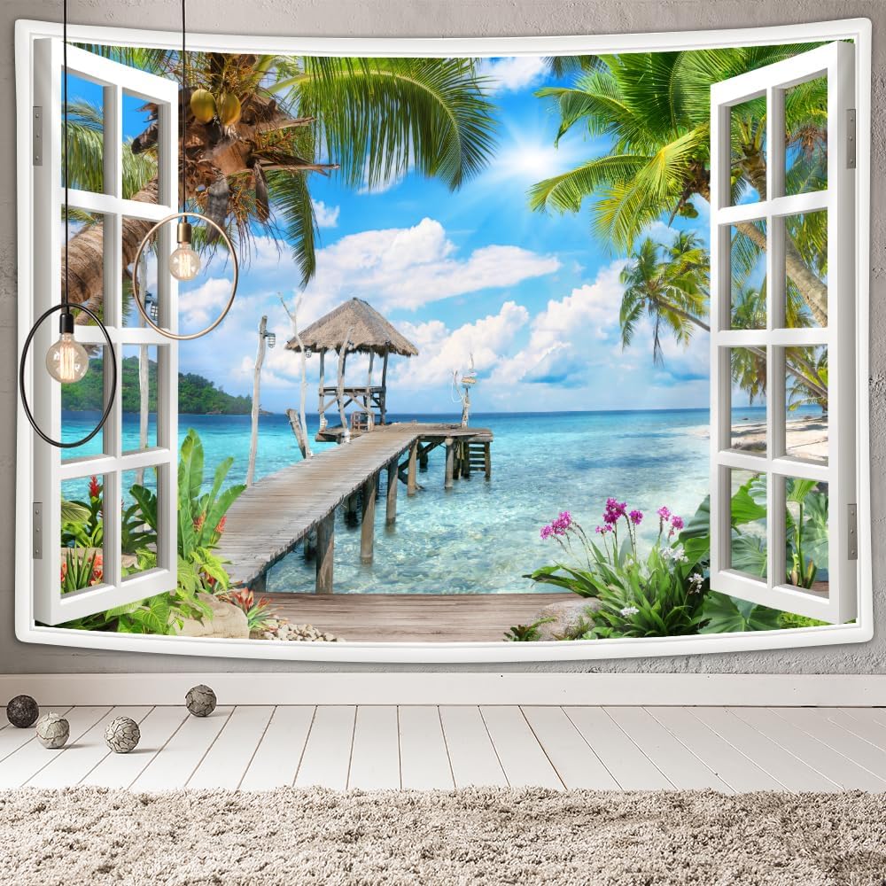 Tropical Paradise Wall Mural Tapestry Ocean Beach Scene Jungle View Coastal Home Decor Large Size Realistic Vacation Art