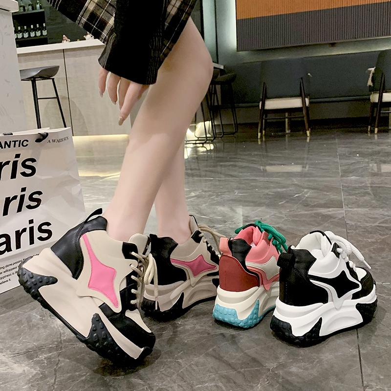 fashion Women Chunky Sneakers 9.5CM Heels Winter Thick Sole Casual Vulcanized Shoes High Platform Leather Sneakers Woman Free Ship