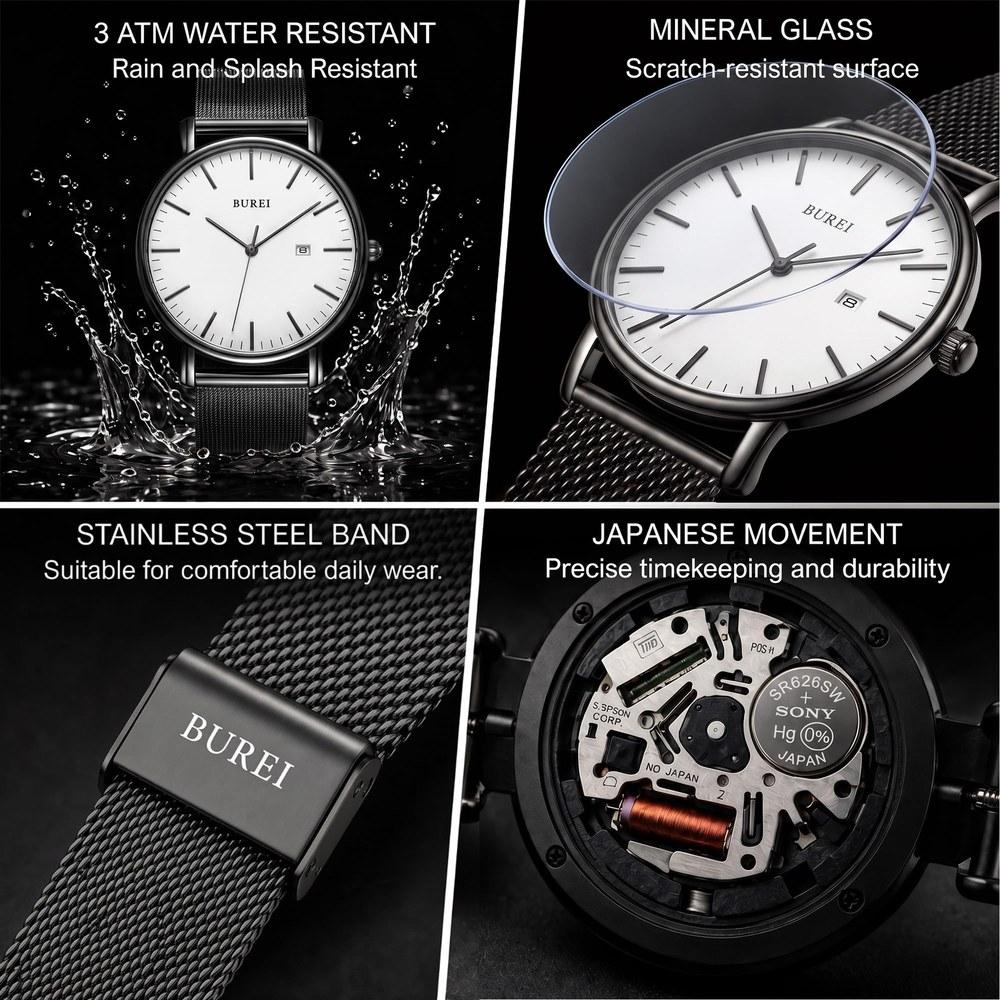BUREI Men's Stylish Waterproof Analog Quartz Watch Stainless Steel Band