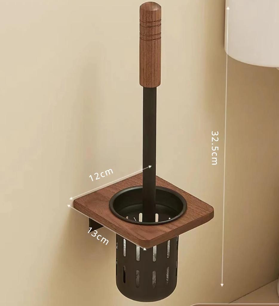 Premium Accessories High Quality Walnut Metal Toilet Brush Holder Wall Mounted No Dead Toilet Brush Storage Rack Bathroom Shelf Toilets Set