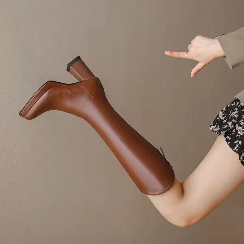 Pantofi pentru Femei 2024 Modă Nouă Vârf Ascuțit Toc Gros Cizme Înalte până la Genunchi pentru Femei Iarnă Cizme Lungi Maro Călduroase