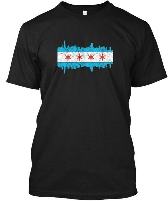Illinois State Flag Cute Chicago Skyline T-Shirt Made In the USA Size S To 5XL