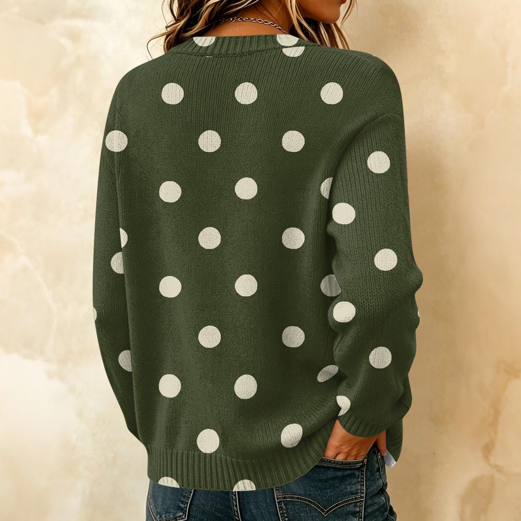 Cardigan de Tricô Casual Feminino com Estampa de Bolinhas, Manga Longa, Fechamento Frontal com Botões, Casaco Suéter para Outono