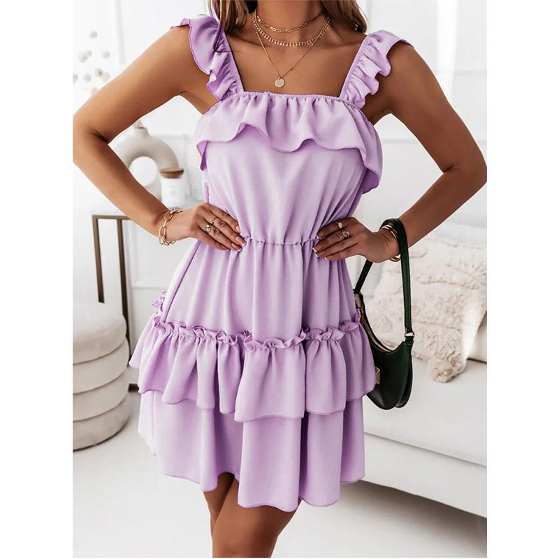 

S-XXL Новое летнее женское однотонное платье с рюшами и двухслойной отделкой, длинное платье 2XL фиолетовый