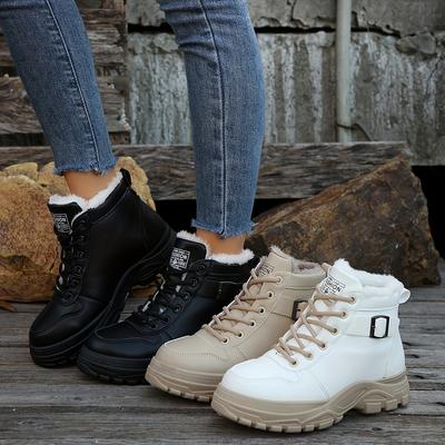 Women's Plush Lining Ankle Boots Winter Thermal Lace Up High Top Sneakers Thermal Outdoor Platform Short Boots