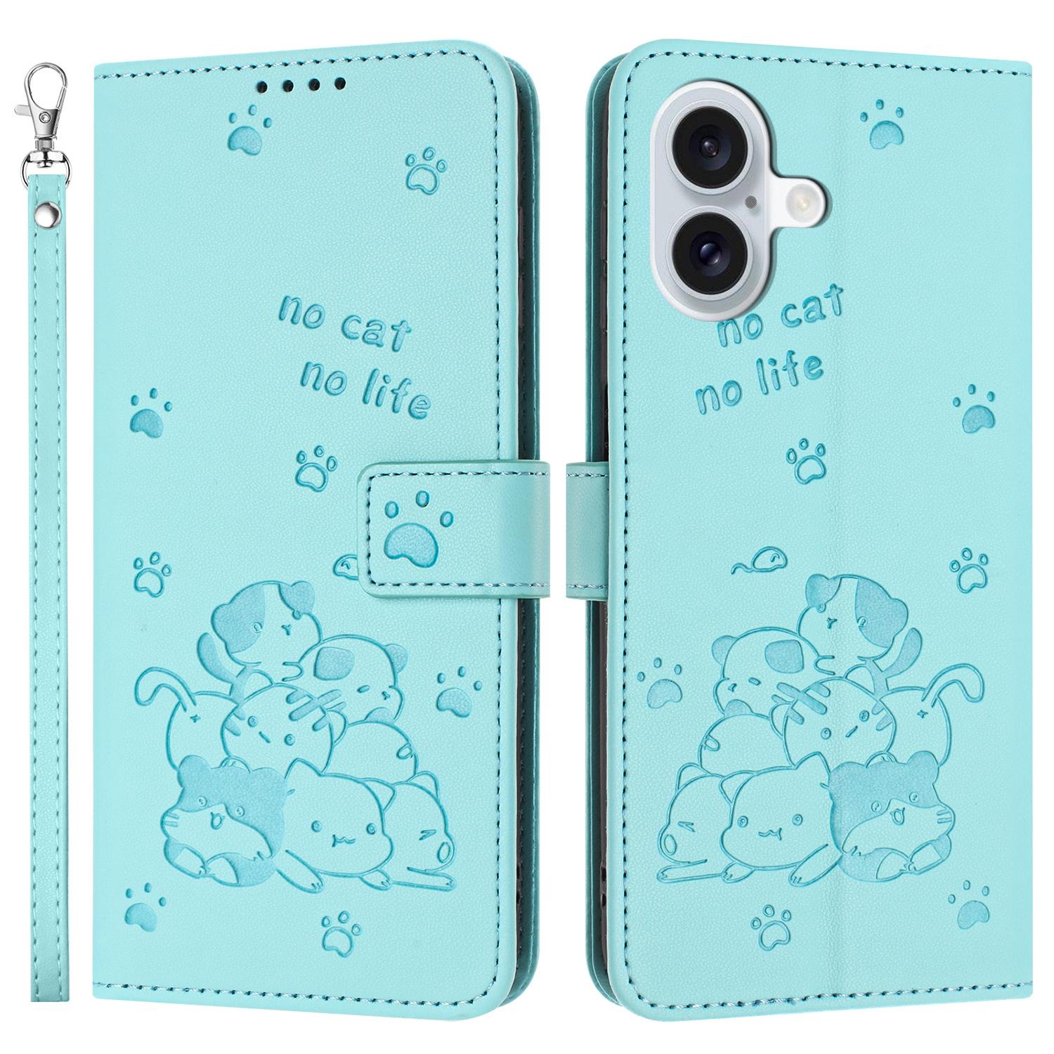 For iPhone 16 Case with Strap Cats Imprint Leather Wallet Phone Cover D