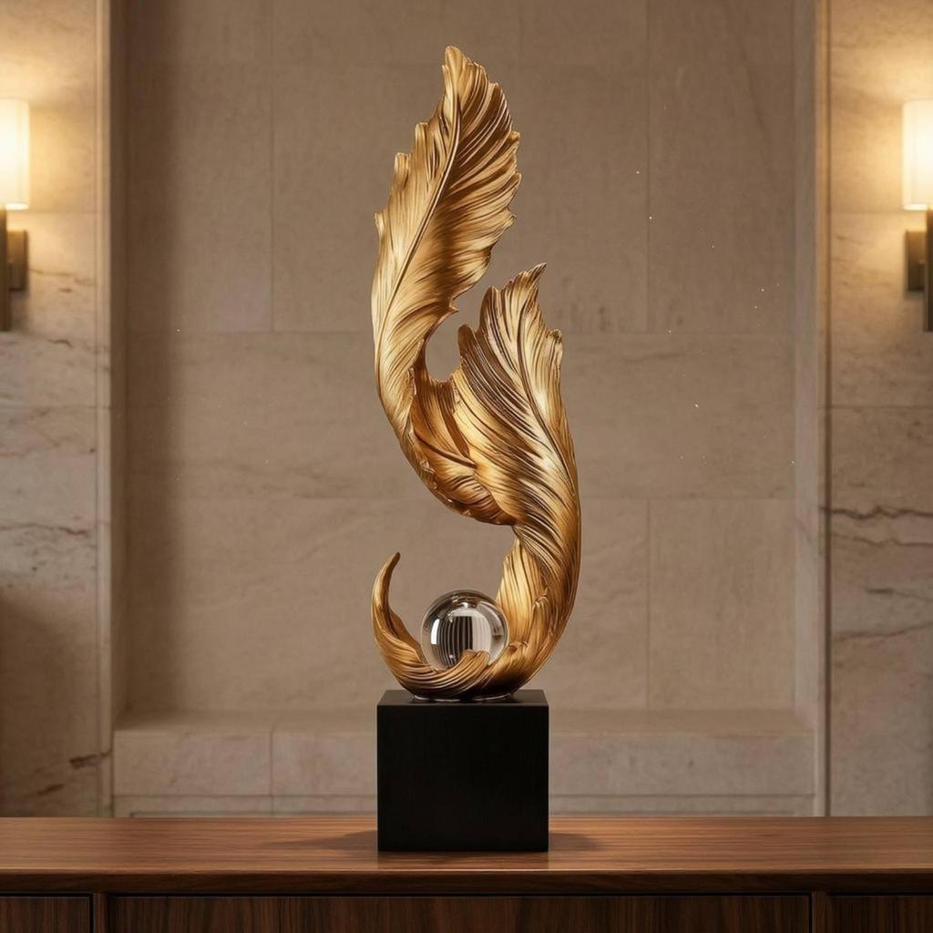 Golden Plume Statue Layered Floor decor Standing Ornament Slender Feather