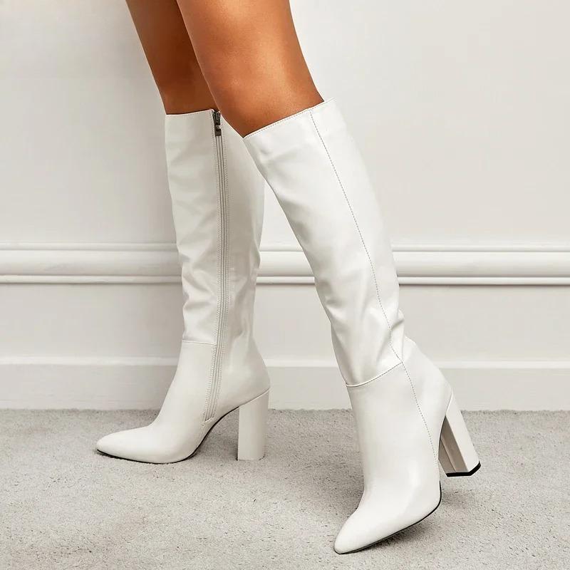 

Мода Мода Женские Сапоги Высокое Качество Сапоги до Колена Мотоциклетные Сапоги Сексуальный Острый Носок Квадратный Каблук Длинная Молния Женские Ботас Мухер Ларгас 39 белый