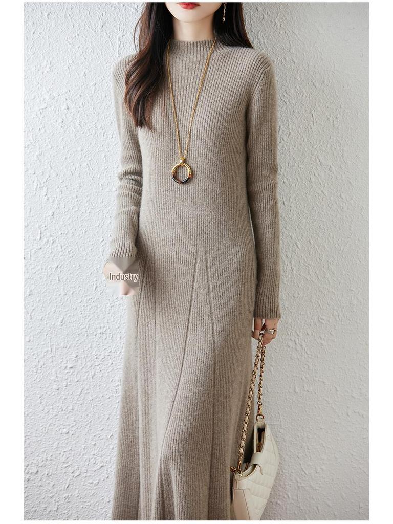 2025 H/W Damen Schlankmachendes Gestricktes Woll A-Linien Midikleid mit Halbhohem Kragen