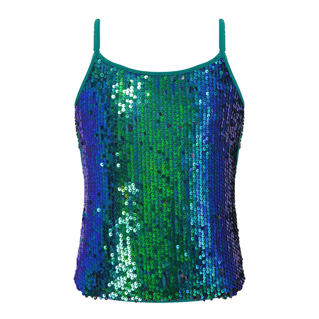 Çocuk Kız Parlak Pul Kaşkorse Tank Top Caz Modern Dans Yarışması için Spagetti Sapanlar Yelek