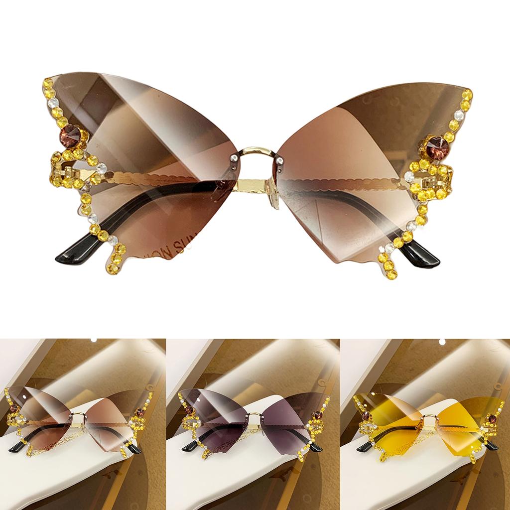 Butterfly Glasses Women Rimless Sunglasses Small Face Diamond Butterfly Sunglasses Rhinestone Bling Sunglasses Cat-Eye