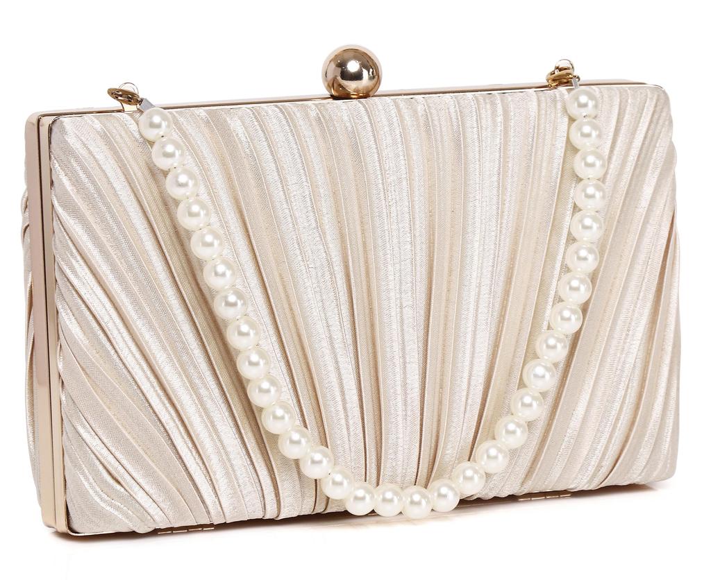 SUNSPOT 3-Way Party Bag, Clutch Bag, Wedding Handbag, Formal Evening Bag for Women with Pearl Chain (Champagne Gold)