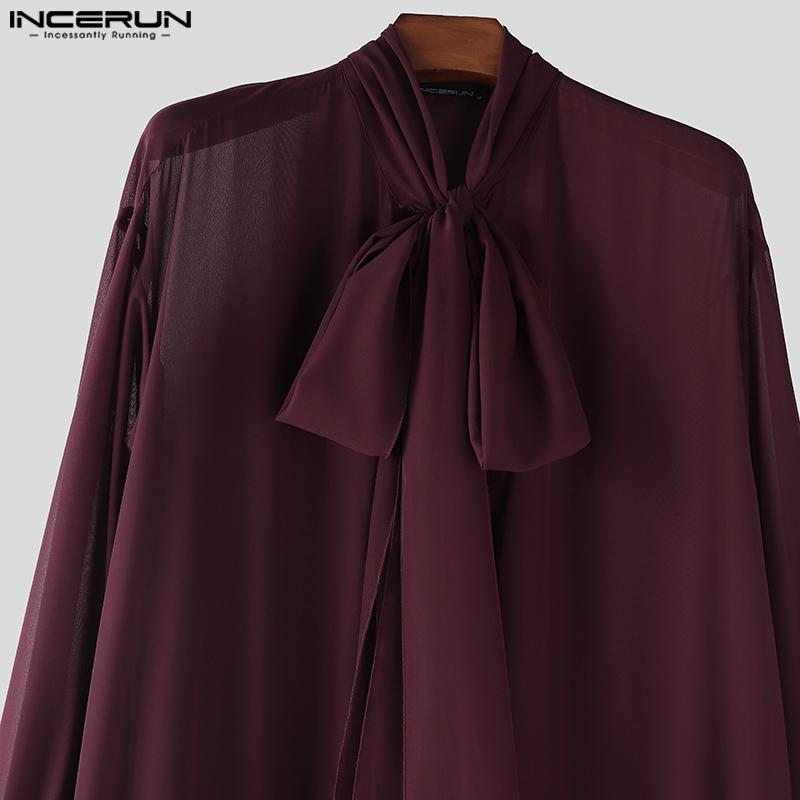 INCERUN Men Tie Up Neck Long Sleeve Ruffled Irregular Layers Mesh Long Tops Party Clubwear T-shirts