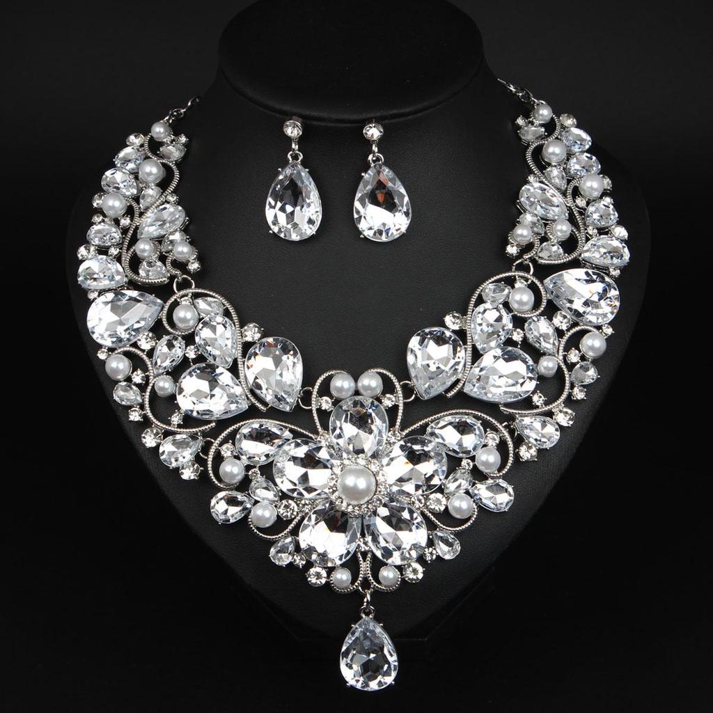 Elegant Cross-Border Fashion Flower Crystal Necklace & Earring Set for Brides