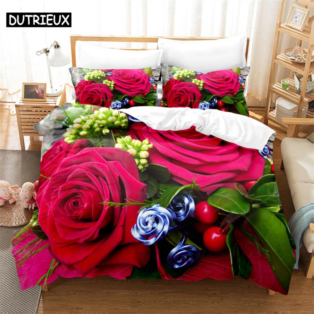 Lussuoso Set Letto Matrimoniale Rosa Rossa Set Copripiumino Set Biancheria da Letto Piumone Set Biancheria da Letto Biancheria da Letto King Size Copripiumino Set Biancheria da Letto