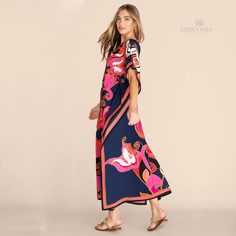 Long Kaftan Bohemian Printed Bikini Cover-ups Sexy V-neck Half Sleeve Maxi Dress Tunic Women Beach Wear Swim Suit Cover Up Q1333