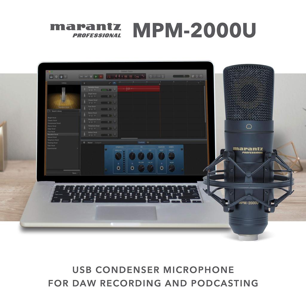 Marantz Pro MPM2000U USB-Kondensatormikrofon für Gaming, Telearbeit, DAW-Aufnahmen und Streaming, inklusive Spinne und Aufbewahrungskoffer