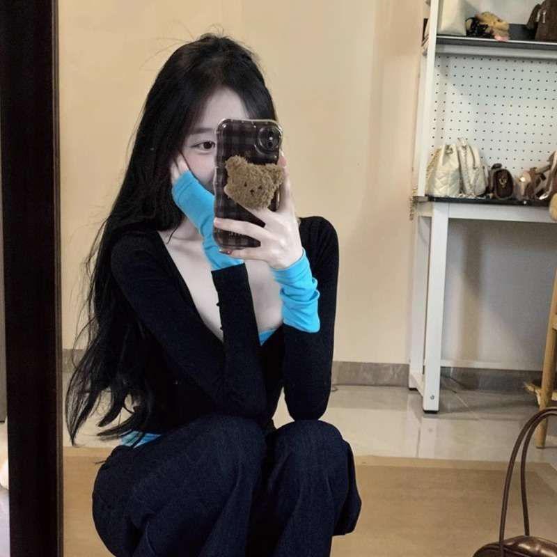 Women's Slimming V-Neck Color Block Fake Two-Piece Long Sleeve Modal Top - Spring/Summer