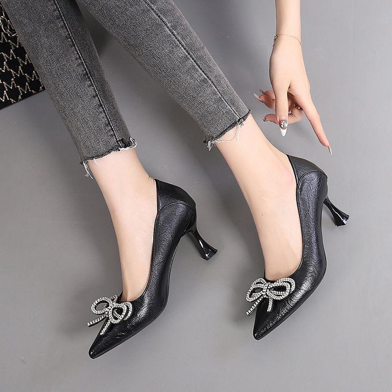 High Heels Feminine Temperament Rhinestones Spring and Autumn Pointed Thin Heels Work Shoes