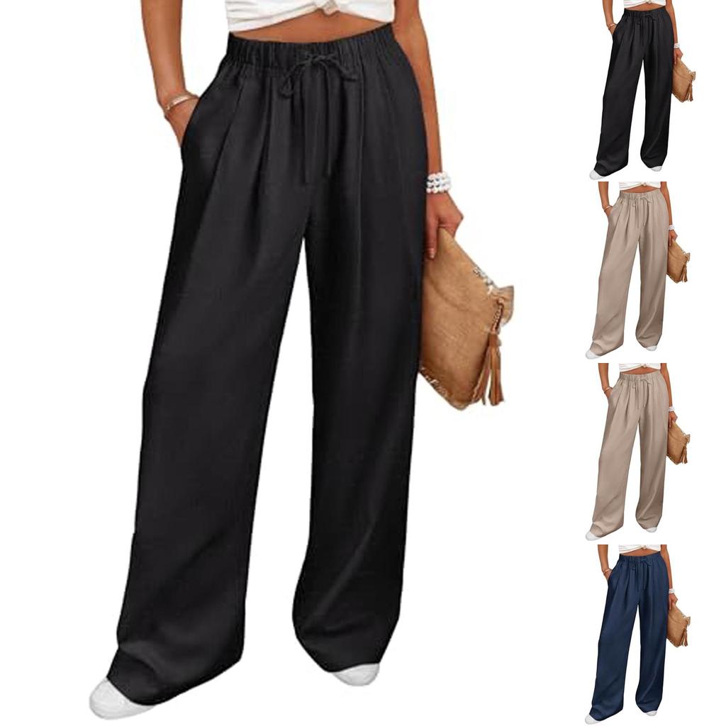 Damen Elastische Hose mit Hohem Bund Lässige Passform Weites Bein Lange Hose Hose mit Taschen