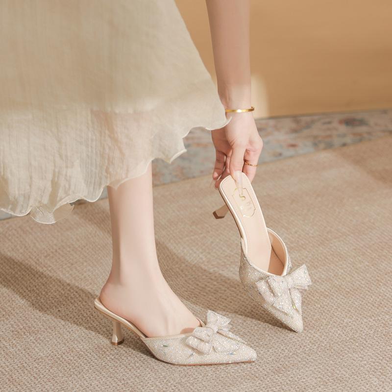 6658-22 Pointed Thin Heels High Heels 2025 New Summer Fashion Versatile Rhinestone Rear Empty Sandals