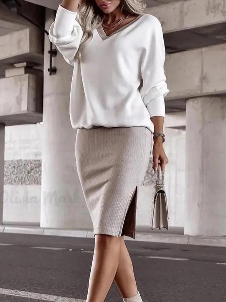 Women's Casual V-Neck Hoodie and Skirt Set