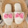 Fashion Sweet Bowknot Decor Plush Slippers for Women Winter Anti Slip Soft Sole Indoor Cotton Slides Woman Faux Fur Warm Home Slippers