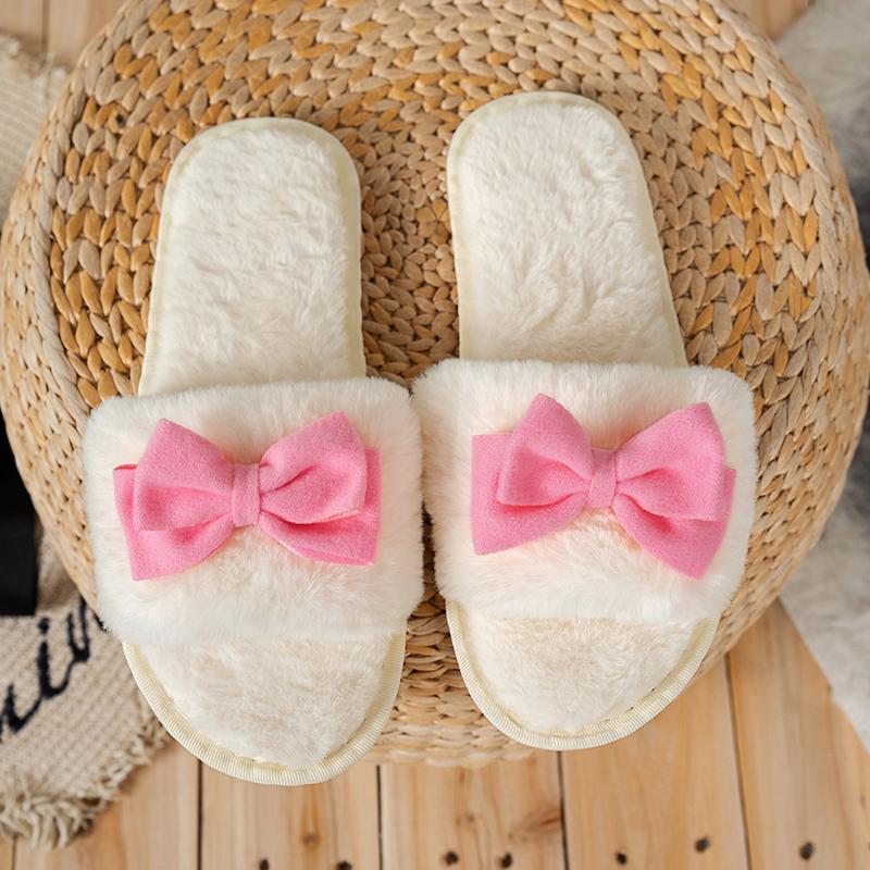 Fashion Sweet Bowknot Decor Plush Slippers for Women Winter Anti Slip Soft Sole Indoor Cotton Slides Woman Faux Fur Warm Home Slippers