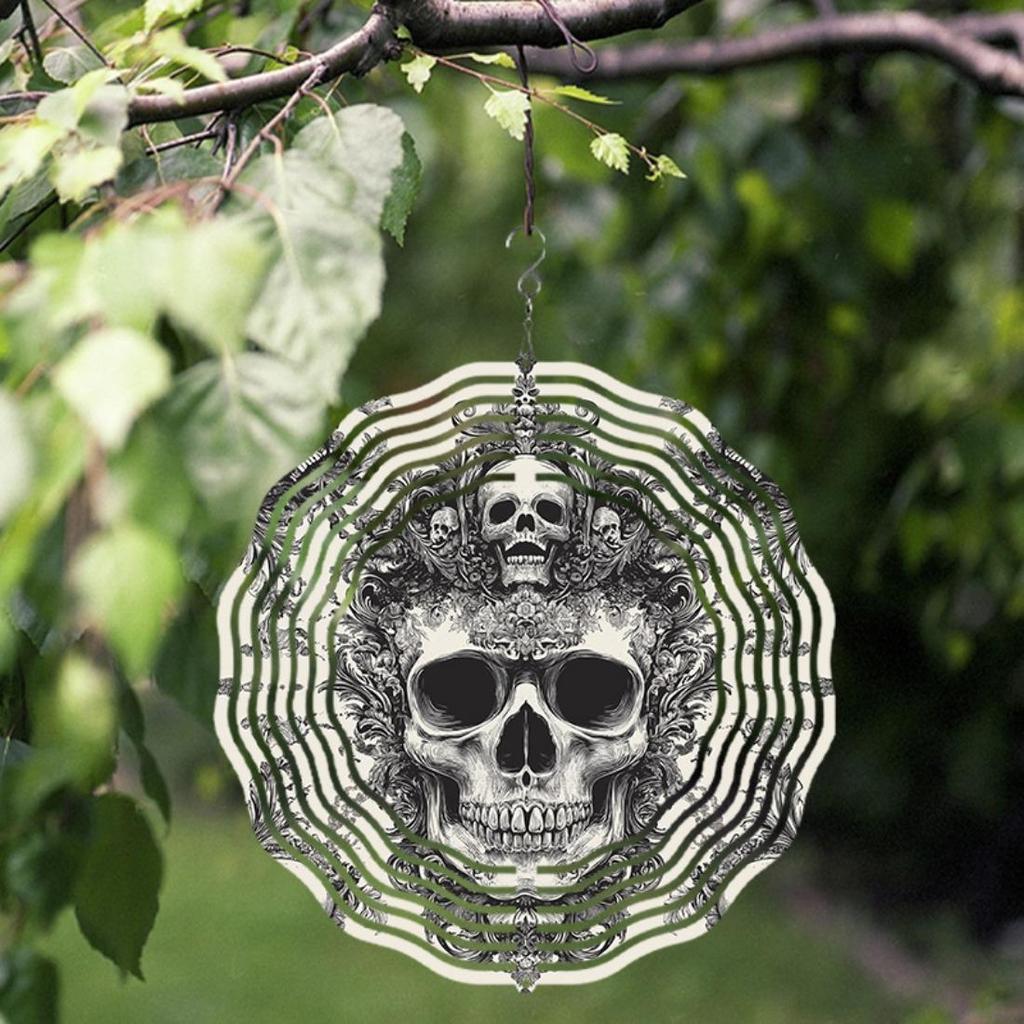 Metal Skull Wind Spinner - Intricate Engraved Design, Outdoor Hanging Decor for Garden and Patio, No Electricity Needed