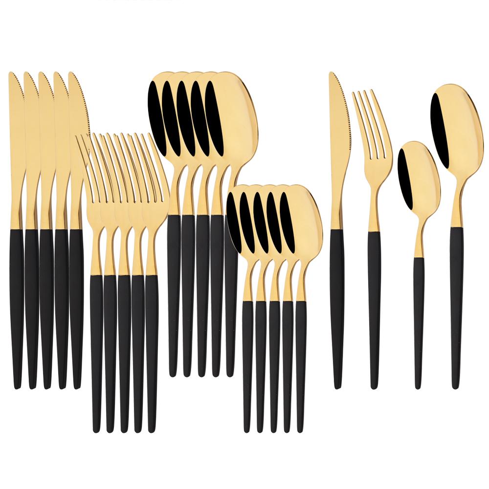 24Pcs Black Gold Dinnerware Set Stainless Steel Cutlery Set Fork Knife Coffee Spoon Tableware Silverware Kitchen Flatware Set
